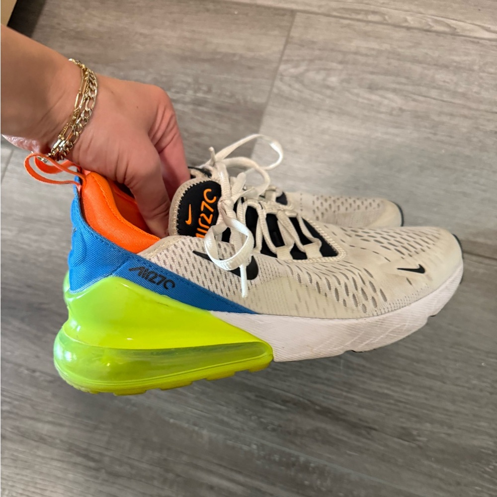 Nike Air Max 270 White with Blue and Neon Yellow and Orange